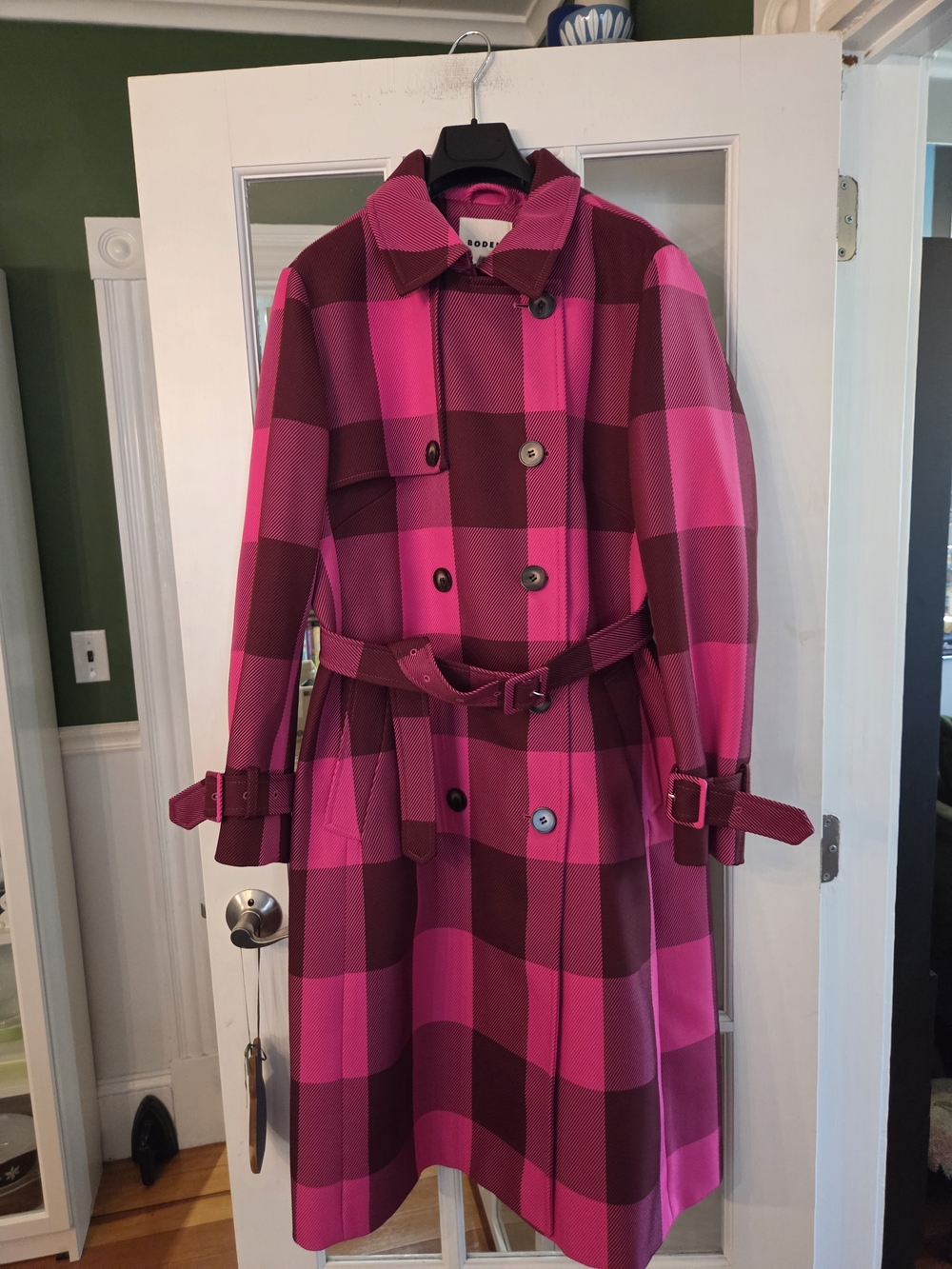 Boden Cheltenham Pink and Burgundy Plaid Trench Coat - Size 14R - Picture 8 of 16